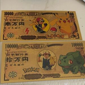 Pokemon Gold Collectible Bills with Pikachu and Bulbasaur